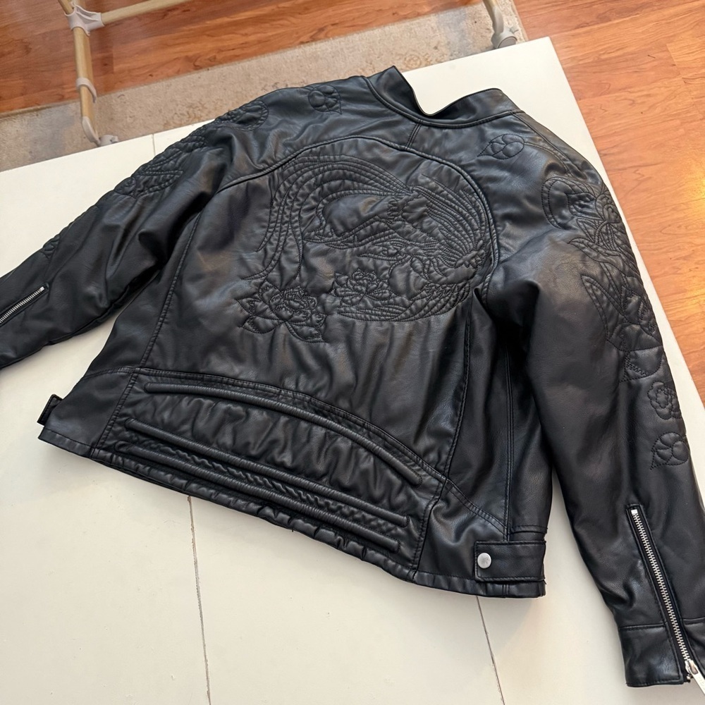 Whimsigoth Biker Moto Chic Faux Leather Jacket Floral Embroidered Edgy Rocker - Picture 2 of 7